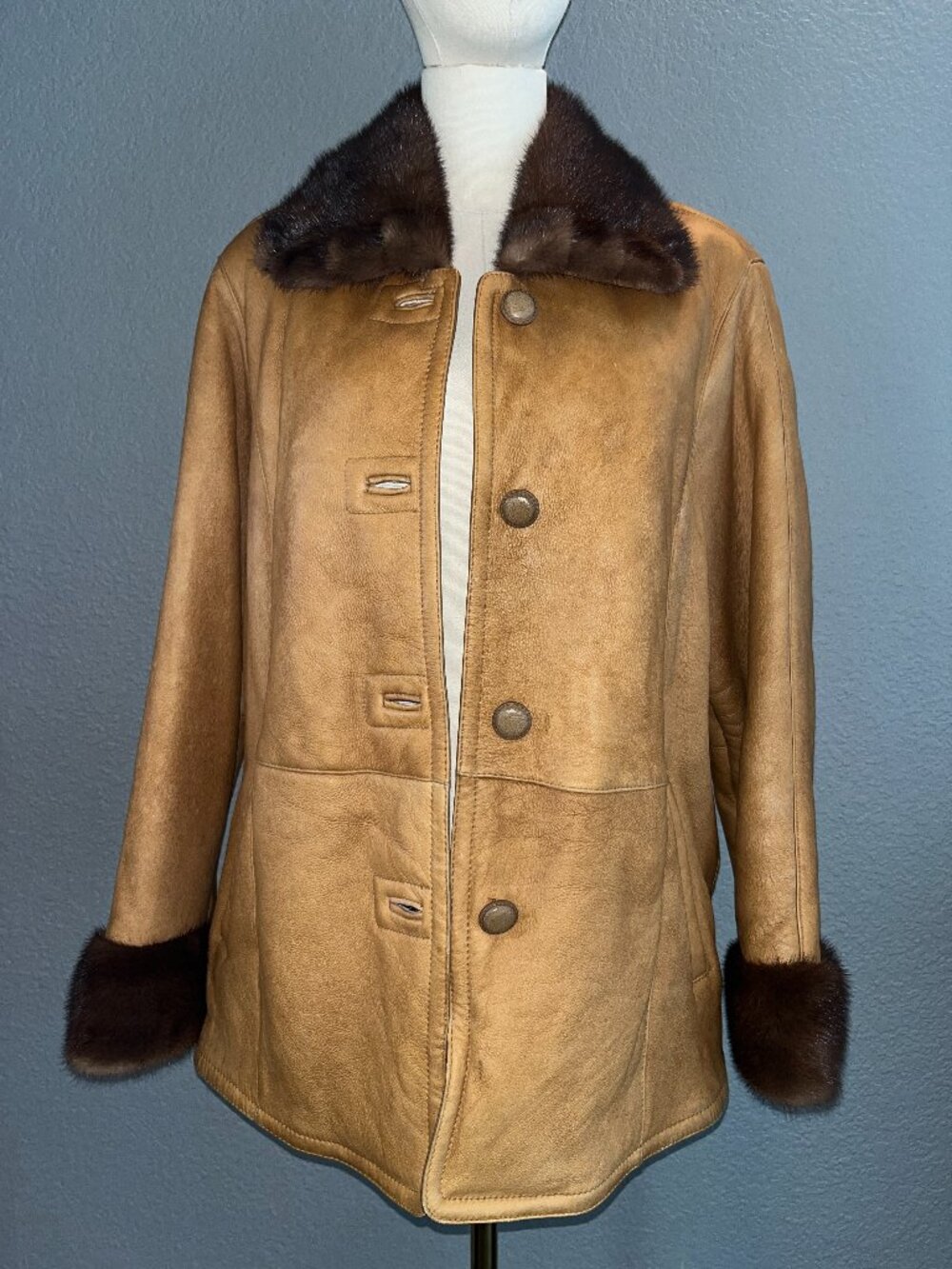 Vintage Dinno Gallucci Gold Faux Leather Coat with Real Mink Fur Collar & Cuffs
